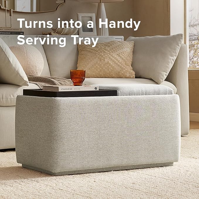 mopio Levi Storage Bench with Reversible Tray, Modern Storage Coffee Table, Bedroom Bench, Rectangular Cube Upholstered Coffee Table Ottoman for Living Room, Bedroom, Entryway (Fabric, Light Gray)