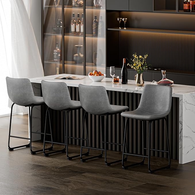 Bar Stools Set of 2, 26 Inches Counter Height Barstools with Back, Modern Faux Leather Bar Stool with Metal Legs and Footrest, Urban Armless Dining Chairs for Kitchen Island (Grey)