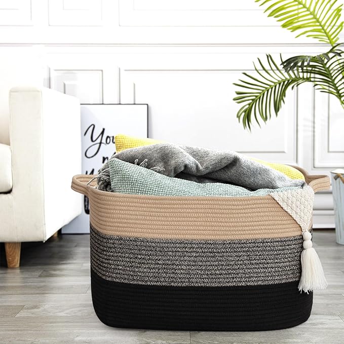 Large Blanket Basket, 60 L Rectangle Storage Baskets for Organizing, Woven Laundry Basket for Blankets, Cotton rope Blanket Storage for Living Room, Nursery Room, Brown&Black