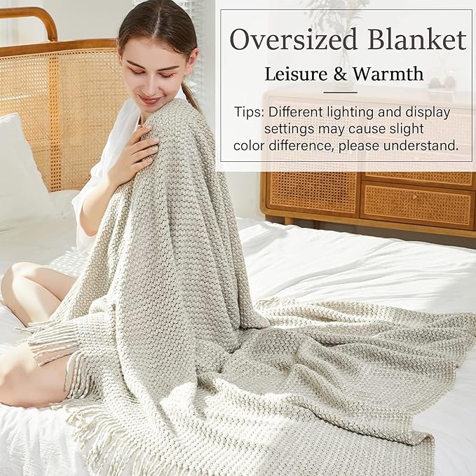 Blagic Grey and White Knit Throw Blanket with Tassel Home Decor Blanket Holiday Throw Wrap Shawl Scarf, Lightweight Soft Cozy Warm Fluffy, Wheat Textured, 60" W x 80" L