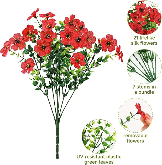 SHareconn 24 Bundles Artificial Flowers for Outdoors Decoration, Faux Plants Fake Silk Colorful Daisy Eucalyptus Lavender, UV Resistant for Outside Home Porch Patio Spring Decor, RedRosyPurpleYellow