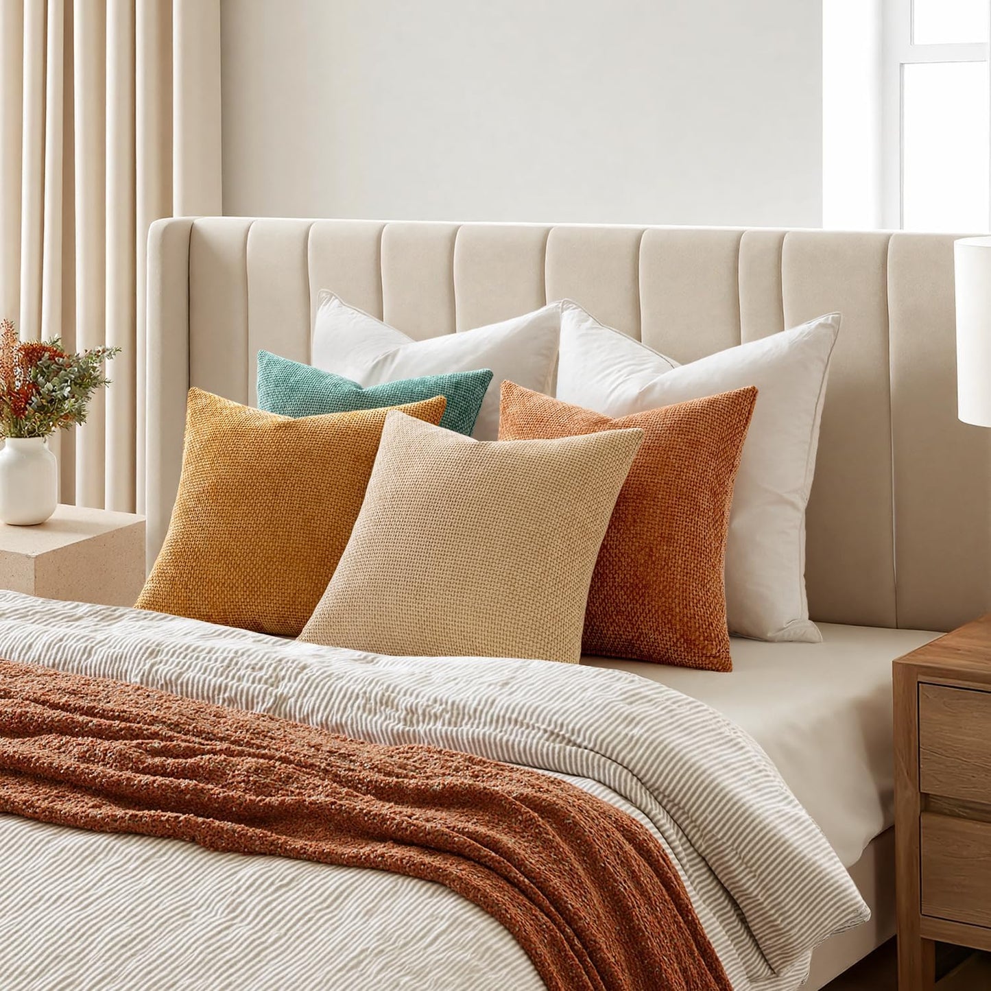 MIULEE Pack of 4 Orange/Teal Couch Throw Pillow Covers 18x18 Inch Yellow Green Soft Decorative Chenille Pillows Farmhouse Accent Cushions for Boho Home Decor Spring Sofa Bedroom Living Room