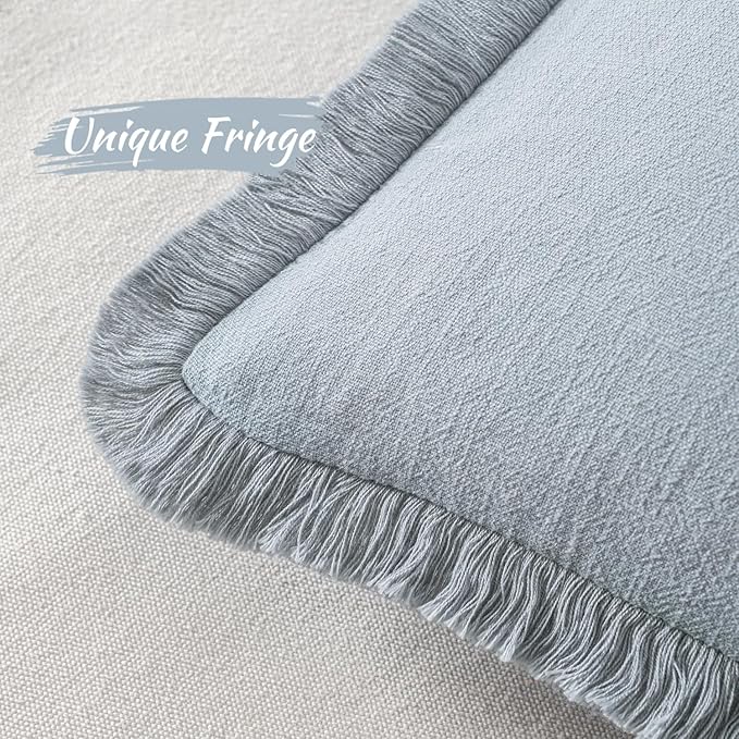 MIULEE Decorative Throw Pillow Covers Neutral Linen Fringe Throw Pillows Set of 2 Sky Blue Boho Farmhouse Cushion Covers for Couch Sofa Bed Living Room Spring Home Decor 20x20 Inch