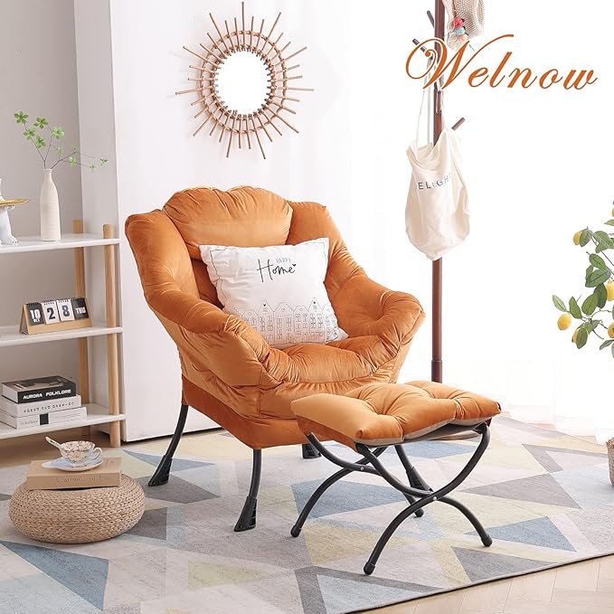 Welnow Lazy Chair with Ottoman, Modern Lounge Accent Chair with Armrests and a Side Pocket, Leisure Sofa Armchair, Reading Armchair with Footrest for Small Space, Corner Chair