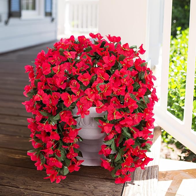Faux Bougainvillea Artificial Flowers Plants for Outdoor Outside Decoration, 2 PCS Red Fake Flowers UV Resistant Look Real Silk Long Trailing Vines for Front Door Porch Planter Urn Patio Garden Yard