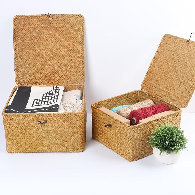 Wicker Shelf Baskets with Lid, Handwoven Seagrass Storage Basket Bins Square Gift Boxes for Shelves Home Decor Organizer (Natural, X-Small)