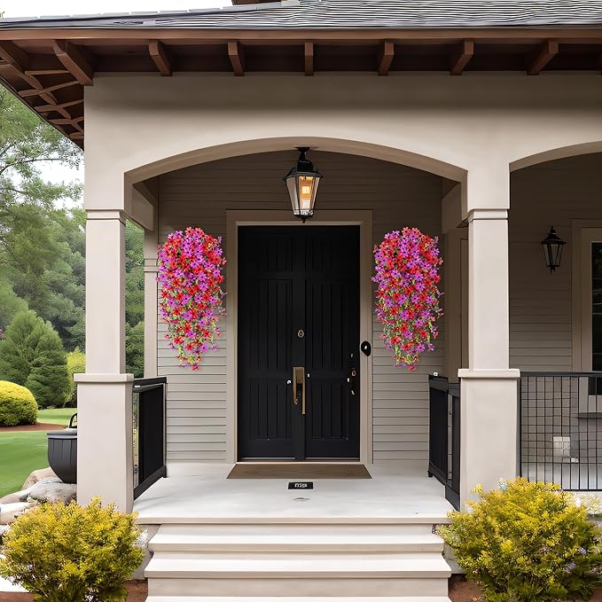 Fake Artificial Hanging Flowers for Outdoors Fake Plants Decoration, 2 Bundles Faux Silk Colorful Daisy Eucalyptus Realistic UV Resistant for Outside Home Planter Porch Patio Yard Decor(Purple Red)