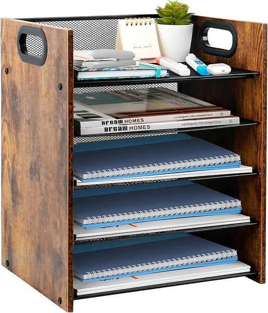 Wood Desk Organizer - 5-Tier Desktop File Organizer, Wooden Paper Tray, Office Desk Organzier and Accessories for Papers, Mail, Notebooks, Stationery