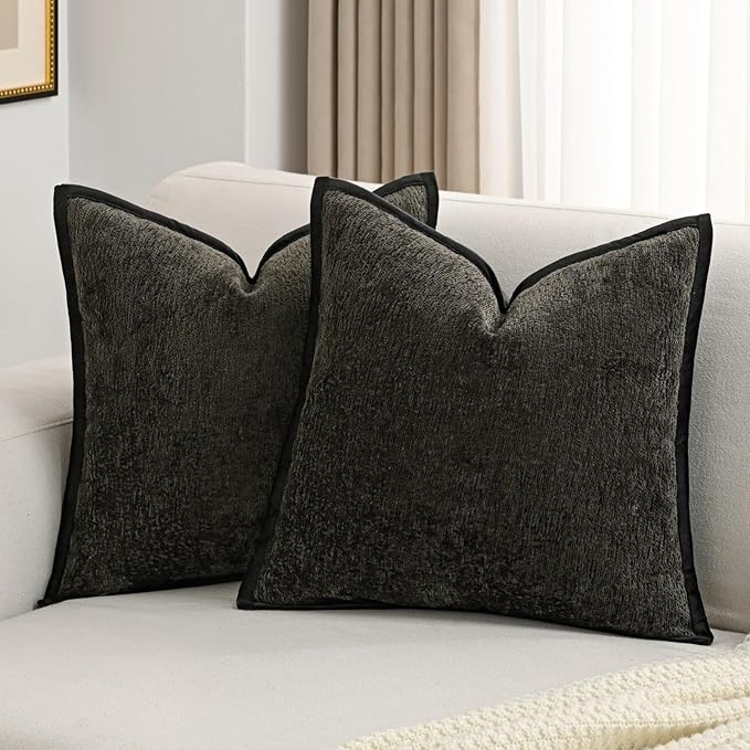 FUTEI Black Chenille Throw Pillow Covers 26x26 Inch Set of 2,Soft Cozy Bound Edge Design Euro Pillow Sham,Home Decor for Couch Bed Living Room