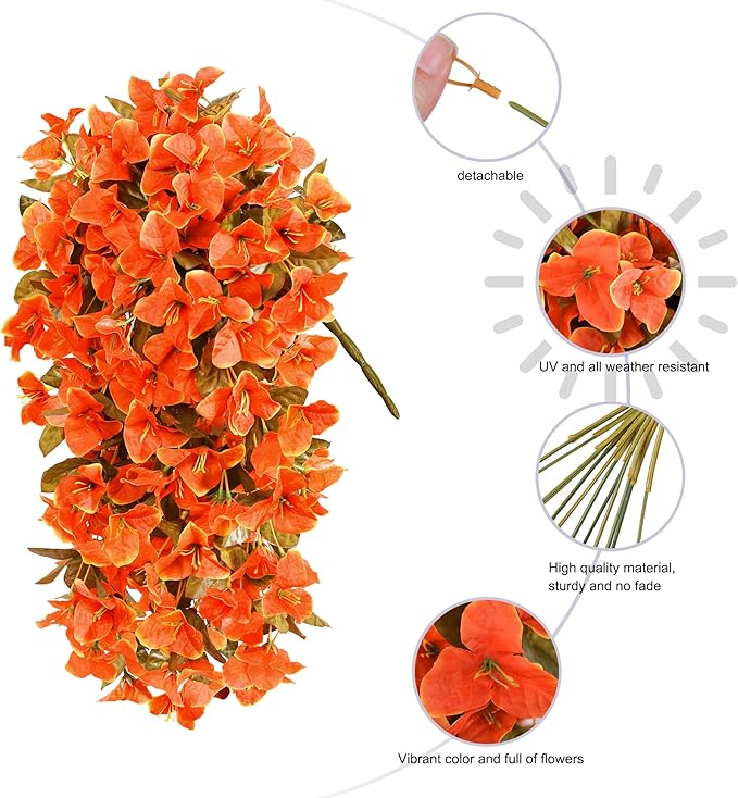 Bougainvillea Artificial Fall Hanging Flowers Plants for Outdoors Autumn Decoration, 2pcs Faux Bougainvillea Vines Orange Fake Flowers Realistic UV Resistant Silk Flowers for Outside Planter Yard Home