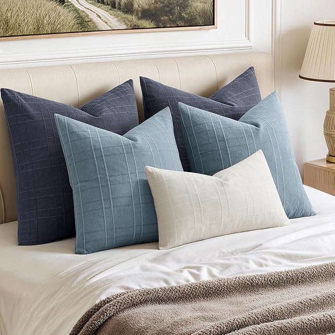 MIULEE Decorative Linen Check Euro Shams Throw Pillow Covers Neutral Farmhouse Vintage Pillow Covers 24x24 Set of 2 Boho Modern Home Decor for Sofa Couch Bedroom Cushion Navy Blue