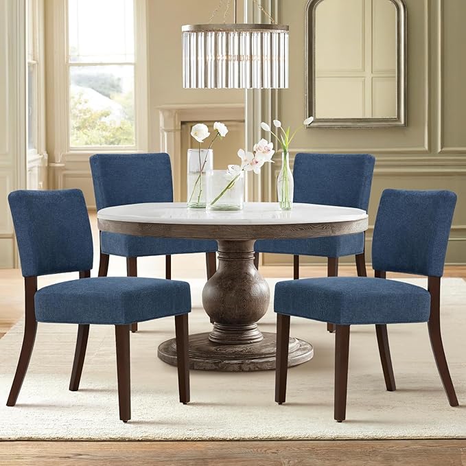 COLAMY Mid Century Modern Dining Chairs Set of 4, Upholstered Kitchen Chairs with Back, Farmhouse Fabric Side Dining Room Chairs with Wood Legs for Dining Room Kitchen Restaurant, Blue