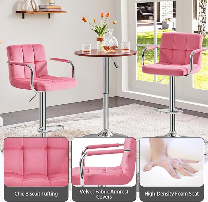 Yaheetech Bar Stools Set of 4, Velvet Fabric Swivel Barstools, Height Adjustable Counter Chairs, Modern Stools with Back for Bar Kitchen Island Dining Room, Pink