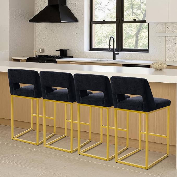 Black and Gold Counter Height Bar Stools Set of 4 for Kitchen Counter Modern Bar Chairs with Backs for Kitchen Island with Upholstered Fabric Seat and Metal Frame, 26 Inch
