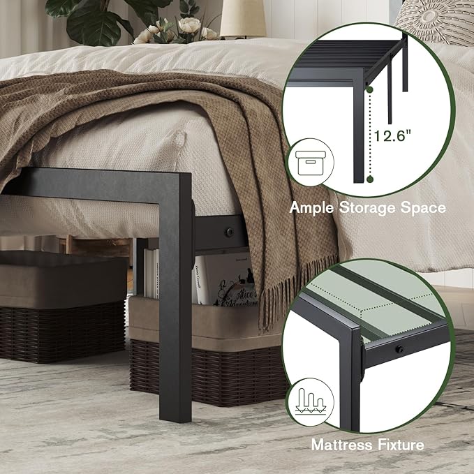 MUTICOR Heavy-Duty Twin Metal Platform Bed Frame with Shelf Headboard, No Box Spring Needed, Easy Assembly, Brown Shelf