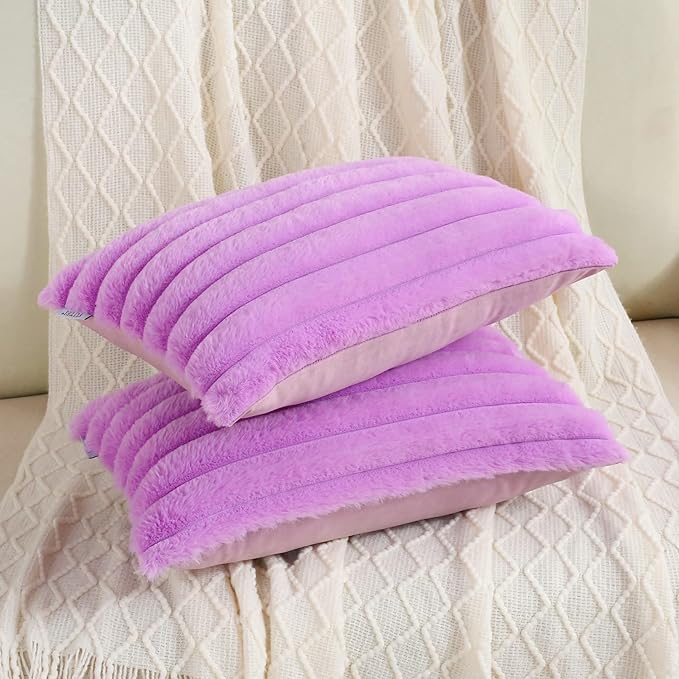 FUTEI Purple Striped Decorative Throw Pillow Covers 12x20 Inch Set of 2,Rectangle Fall Decorations Couch Lumbar Pillowcase,Soft Cozy Faux Rabbit Fur & Velvet Back,Modern Home Decor for Bed
