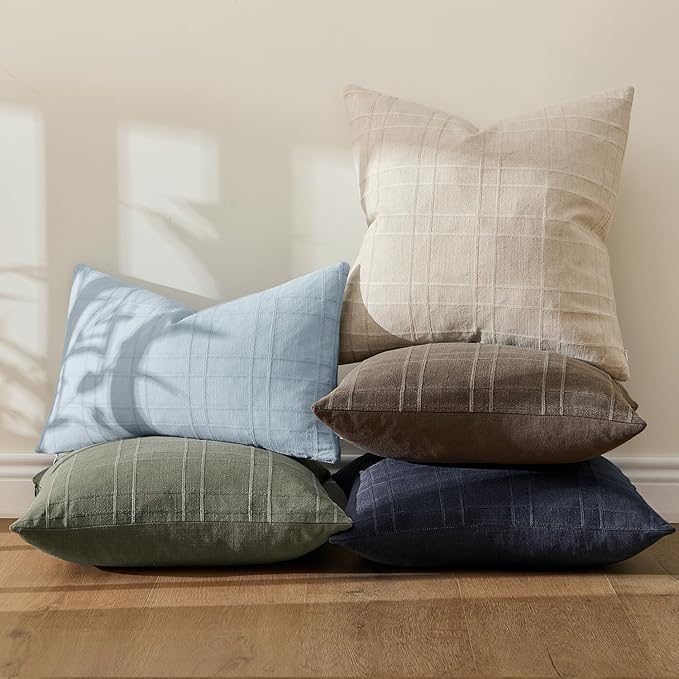 MIULEE Decorative Linen Check Lumar Throw Pillow Covers Neutral Farmhouse Vintage Pillow Covers 12x20 Set of 2 Boho Modern Home Decor for Sofa Couch Bedroom Cushion Coastal Blue
