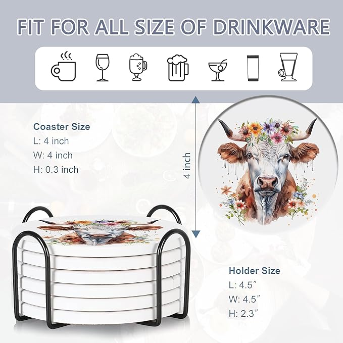 6 Pcs Coasters for Drinks with Holder, Highland Cows Flowers Absorbent Ceramic Coasters with Cork Base,Cute Funny Table Drinks Coasters Tabletop Protection Mat,Table Home Decor,4 Inches