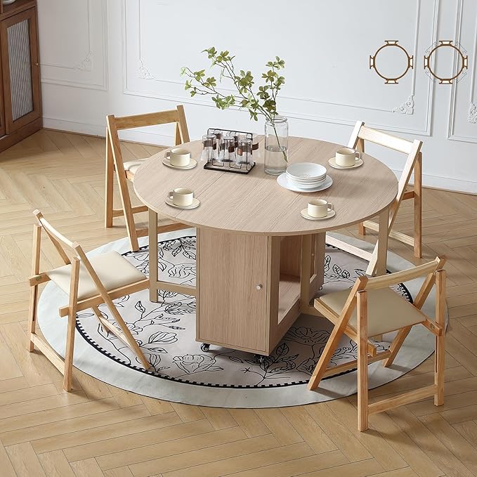 47.3" Round Folding Dining Table for 4-8, Wood Kitchen Foldable Dining Table Large Drop Leaf Dinner Table with Storage Shelf Metal Legs for Home Dining Room Living Room in Wood Color