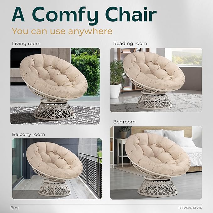 Bme 40" Ergonomic Wicker Papasan Chair with Soft Thick Cushion & Frame, 360° Swivel, Circle, Reading, Comfy Chair for Living Room, Bedroom