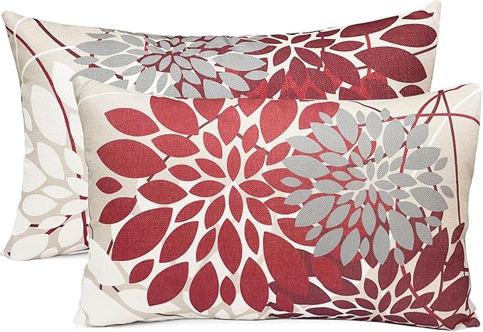 Wine Red Decorative Throw Pillow Covers 12x20 Inch Pillow Covers for Couch Living Room Bedroom Outdoor.Modern Sofa Throw Pillow Cover.Farmhouse Geometric Floral Linen Square Pillow Case.Set of 2
