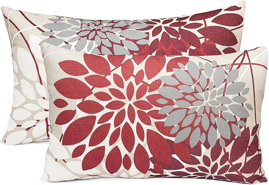 Wine Red Decorative Throw Pillow Covers 12x20 Inch Pillow Covers for Couch Living Room Bedroom Outdoor.Modern Sofa Throw Pillow Cover.Farmhouse Geometric Floral Linen Square Pillow Case.Set of 2