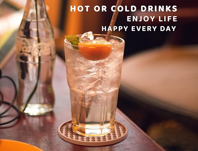 Coasters for Drinks 6 Pack Drink Plastic Coaster with Holder,Heat Resistant Silicone Cup Mat Tabletop Protection,Non-Slip Rubber Coasters for Kinds of Cups (Brown)