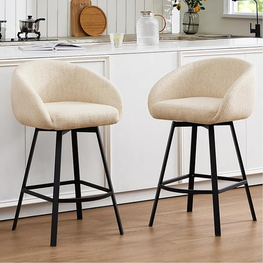 Zesthouse Swivel Counter Height Stools Set of 2, Modern Bar Stools for Kitchen Island, 26" Upholstered Kitchen Counter Height Barstools with Barrel Arms & Backs, Beige Linen Fabric Bar Chairs