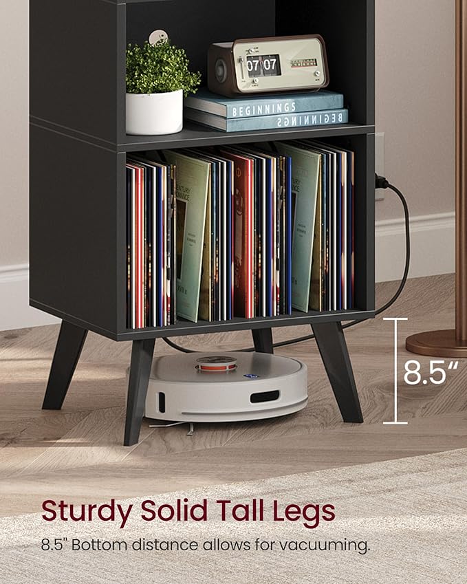 Record Player Stand, 3-Tier Side End Table with Charging Station, Turntable Stand Up to 160 Albums, Vinyl Storage Cabinet Dispaly Shelf for Living Room, Classic Black