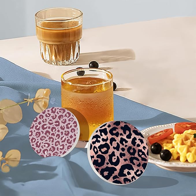 Drink Coasters Set of 6 with Holder, Leopard Print Pink Absorbent Ceramic Coasters with Cork Base,Fit All Cups,Great Gift for Housewarming,Room Decor,Bar,Holiday Party