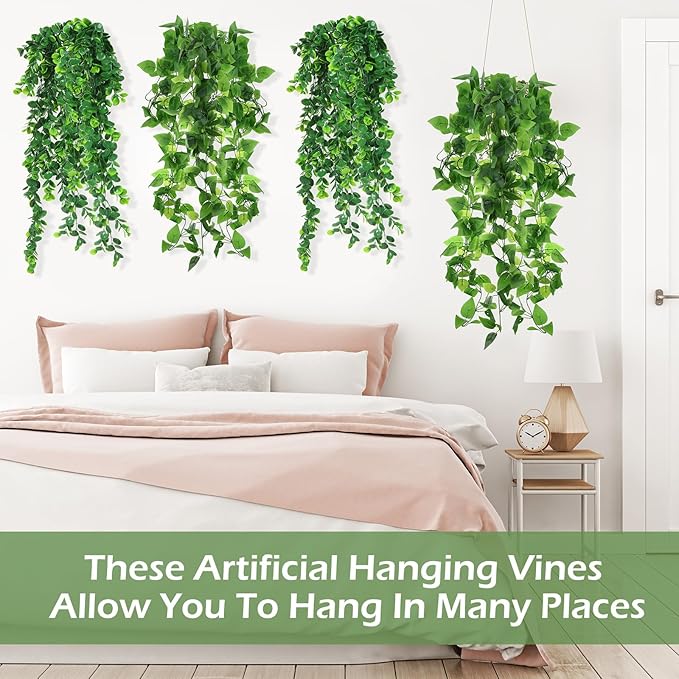 Hoteam 12 Pcs Artificial Hanging Plants 32 Inch Fake Ivy Vines with Fake Leaves Patio Artificial Plants Greenery for Living Room Indoor Outdoor Wall, No Basket (Pothos,Eucalyptus)