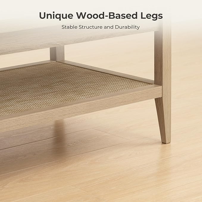 SICOTAS Rattan Coffee Table for Living Room - Boho Rectangular Dining Center Table with 2 -Tiers Rattan Storage Shelf, Farmhouse Accent Table for Living Room, Home Office, Light Oak