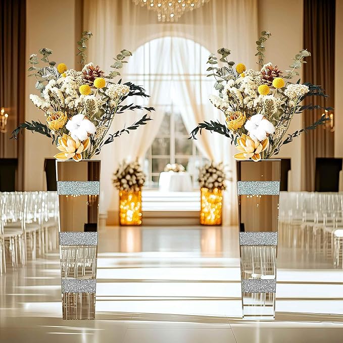 Crushed Diamond Mirror Vase: 28.15 inches High Silver Crystal Geometric Bling Decor for Luxury Home Centerpieces Livingroom Wedding Decor, Won't Hold Water