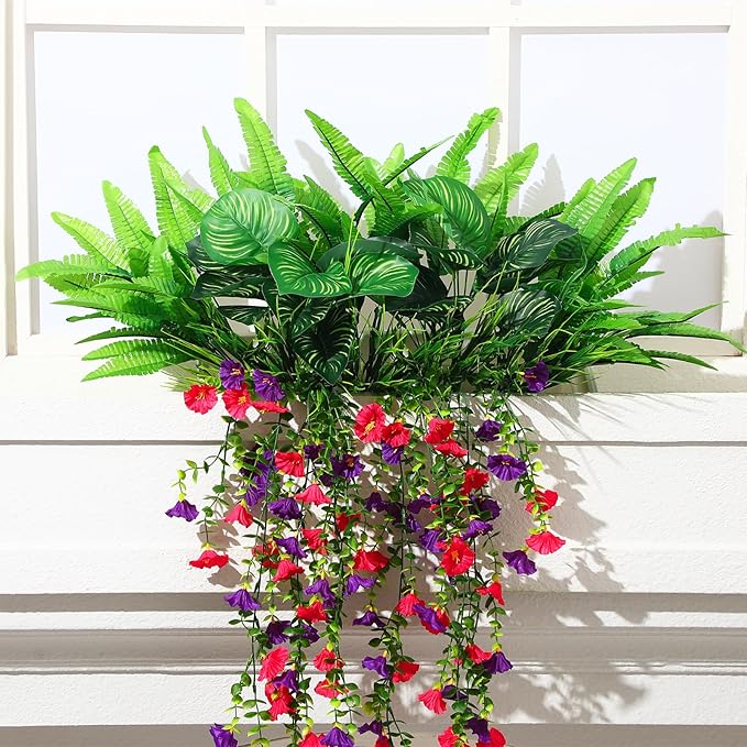 12 Pcs Artificial Greenery for Outdoor UV Resistant Fake Flowers and Greeneries Plastic Hanging Plants for Window Box Spring Summer Garden Patio Porch Yard Decoration(Bright Color)