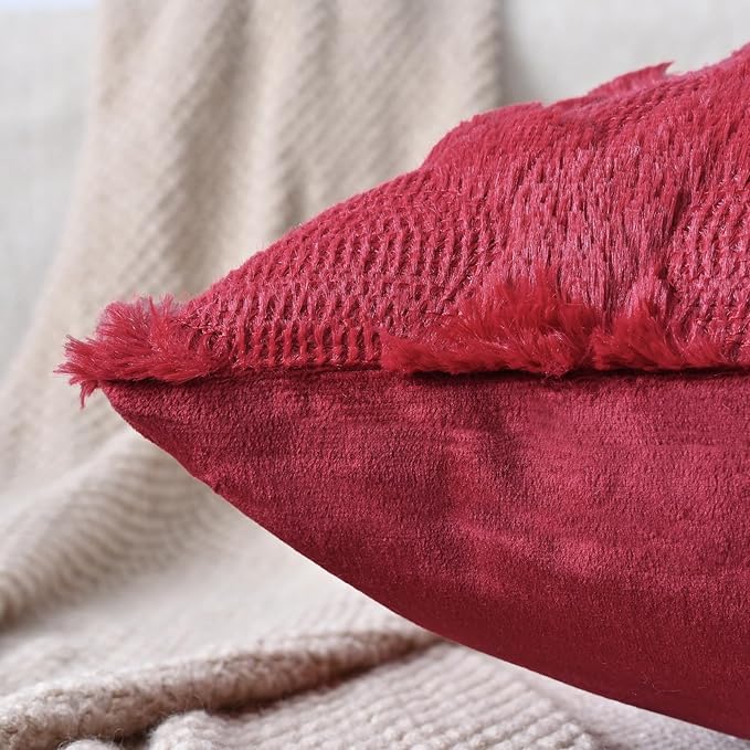 Set of 2 Soft Moroccan Throw Pillow Covers 18x18 Inch Plush Boho Decorative Pillow Cover Accent Cushion Case for Couch Sofa Bed, Burgundy