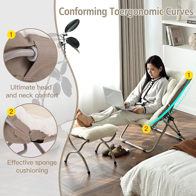 Welnow Comfy Saucer Chair with Ottoman, Oversized Folding Reading Chair for Adults with Throw Pillow Soft Faux Fur Lounge Chair for Bedroom Furry Accent Chair for Living Room, Dorm Rooms, Beige