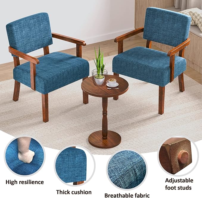 Accent Chair Set of 2 with Table, Living Room Chairs with Soft Seat and Armrests for Living Room Bedroom Reading Room Waiting Room, Lake Blue (AC01)
