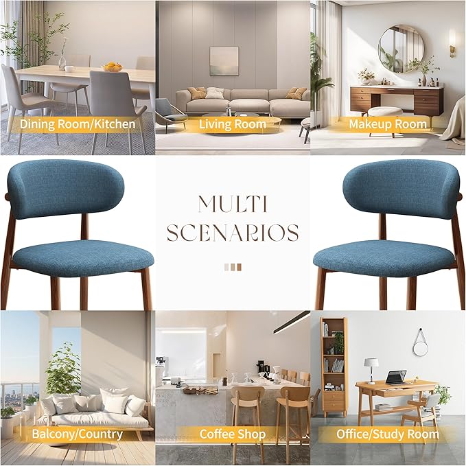 Kitchen Dining Chairs Set of 2 Modern Soft Linen Farmhouse Dining Room Chair with Metal Legs, Blue/Walnut