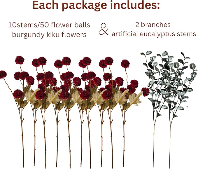 RyddeligHome Burgundy Flowers Artificial 10 Long Stems + Eucalyptus, Thanksgiving Centerpieces for Tables, Wine Colored Silk Flowers for Burgundy Decor, Fall Table Centerpieces, Dark Red Faux Mums