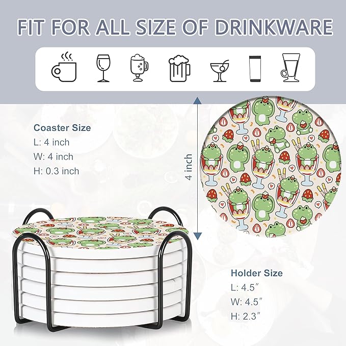 6 Pcs Coasters for Drinks with Holder, Cute Frog Absorbent Ceramic Coasters with Cork Base,Cute Funny Table Drinks Coasters Tabletop Protection Mat,Table Home Decor,4 Inches