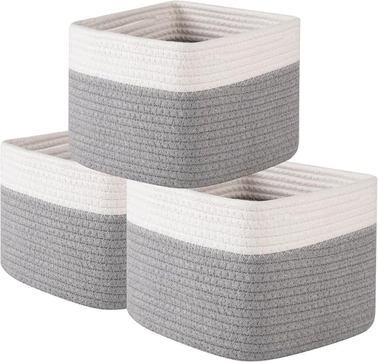OIAHOMY 9”x9”x7” Storage Cubes, Cotton Rope Woven Baskets for Organizing, Cube Storage Bin, Small Gift Basket for Shelf, 3-Pack, Grey&White
