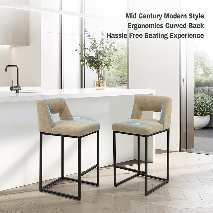 Counter Height Bar Stools Set of 2 for Kitchen Counter Modern Bar Chairs with Backs for Kitchen Island with Upholstered Fabric Seat and Metal Frame, Khaki, 26 Inch