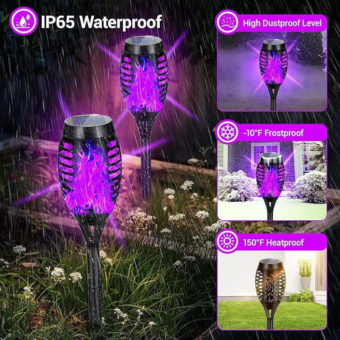Solar Lights Outdoor Halloween Decorations, Upgraded 4 Pack Purple Solar Torch Lights with Flickering Flame, Waterproof Halloween Lights Outdoor, Tiki Torches for Outside Patio Pathway Decor