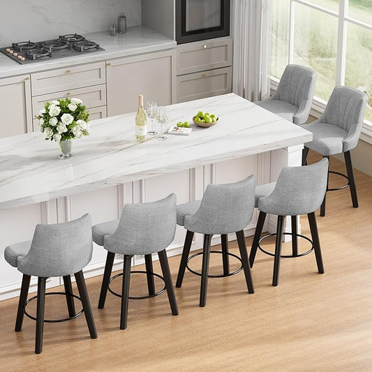 Counter Height Swivel Bar Stool, 24" Upholstered Fabric Barstools Set of 6, Counter Stool Chair with Back & Solid Wood Legs for Kitchen Island Dining Room (Light Gray)