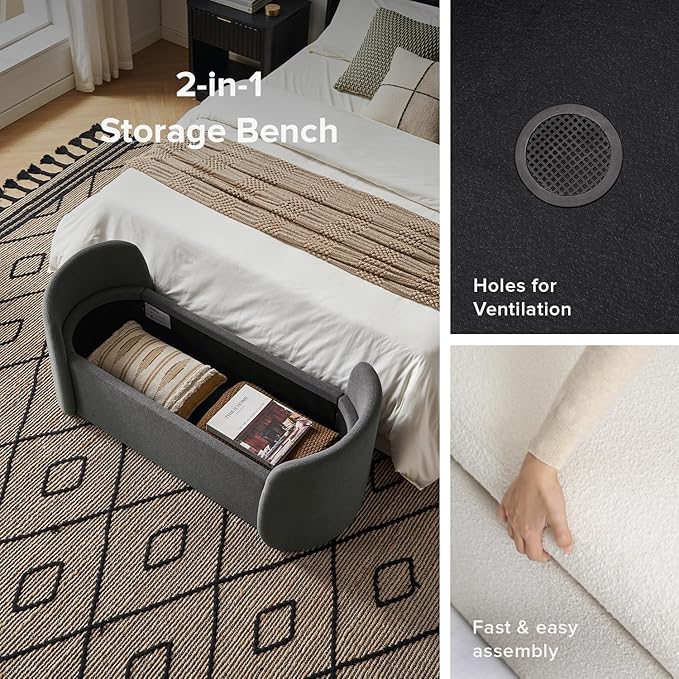 mopio Sophie 51" Ottoman Storage Bench, Entryway and Window Seating, End of Bed Curved Stool for King & Queen Bed, Storage Chest for Bedroom (Dark Gray Fabric)