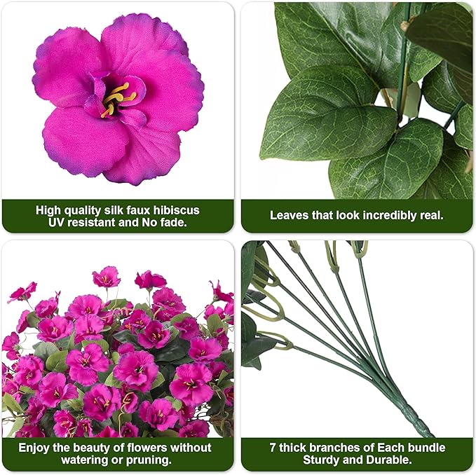 Hibiscus Artificial Flowers Plants for Outdoors Summer Decoration, 6 Bundles Fake Silk Hibiscus Bouquet Realistic UV Resistant Tropical Flowers Artificial for Outside Planter Front Door Porch Patio