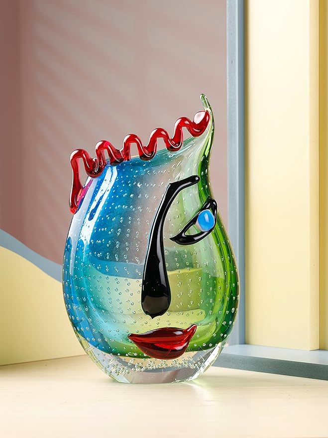 Yao Yuan Hand Blown Art Glass Vase with face Art,Murano Glass Style,Multi-Colored