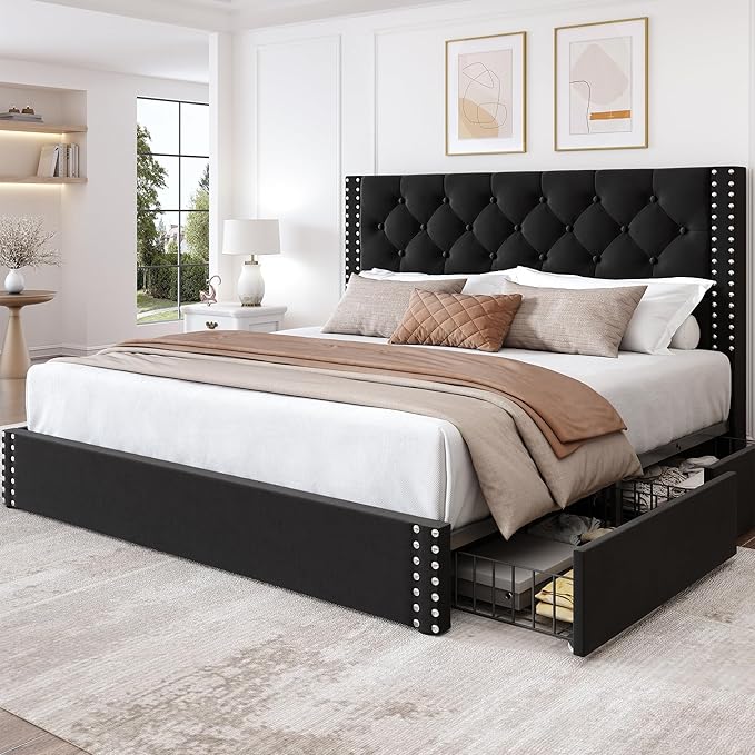 LARMACE Queen Size Platform Bed Frame with 4 Storage Drawers and Tufted Headboard Velvet Upholstered Bed Frame with Heavy Duty Wood Slats, No Box Spring Needed, Easy Assembly, Black