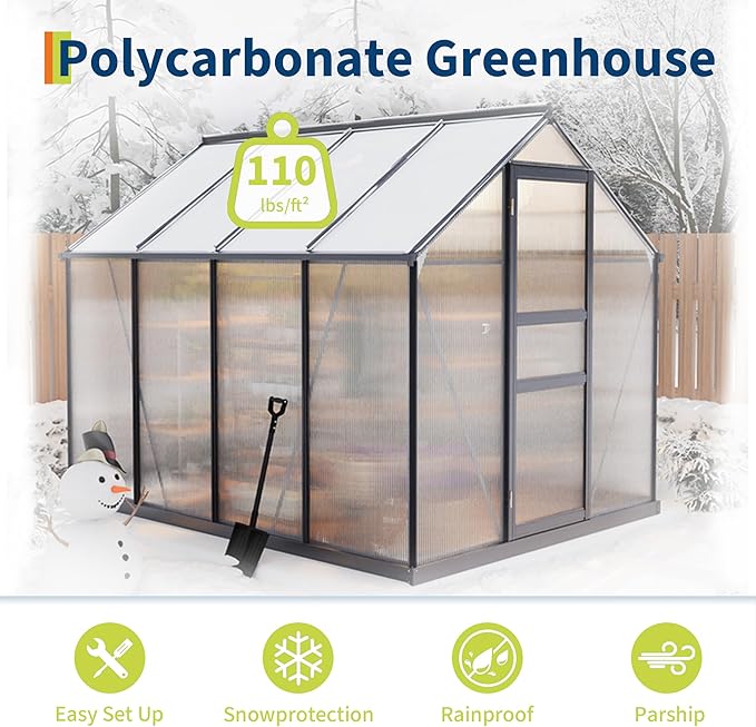6X8 FT Outdoor Walk in Greenhouse,Polycarbonate Green House Vented Roof Window,Heavy Duty Greenhouse with Aluminum Frame for Backyard Patio Gardening