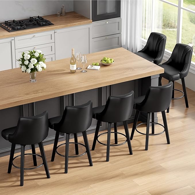 Counter Height Swivel Bar Stool, 24" Upholstered PU Leather Barstools Set of 4, Counter Stool Chair with Back & Solid Wood Legs for Kitchen Island Dining Room (Black)
